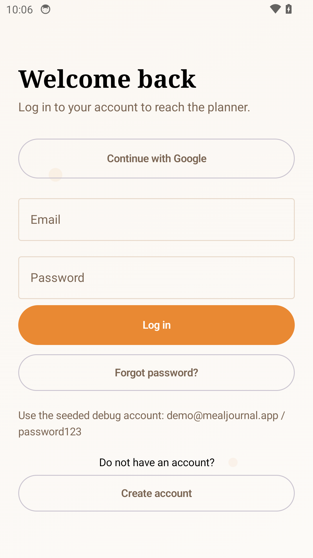 Login screen