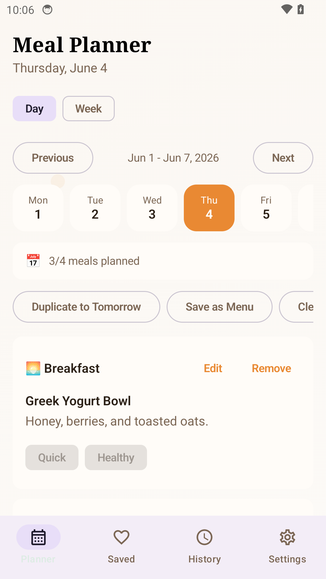 Meal Planning Journal planner screen